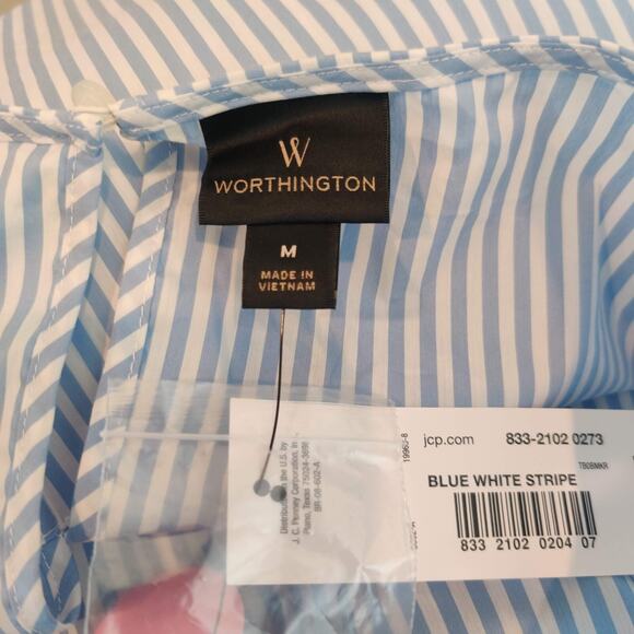 Worthington Blue Striped Top Flared Sleeve Lace Tie Cuff - Picture 9 of 9